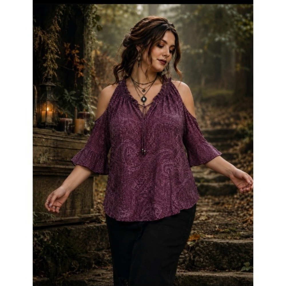 Style & Co 1X Purple Paisley Cold Shoulder Blouse Whimsigoth Witchy Boho